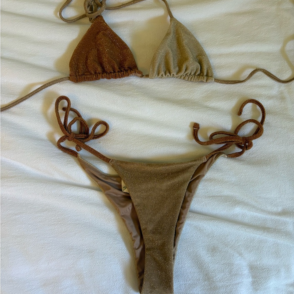 Aerie Shimmering Brown Tie-Side Triangle Bikini Set